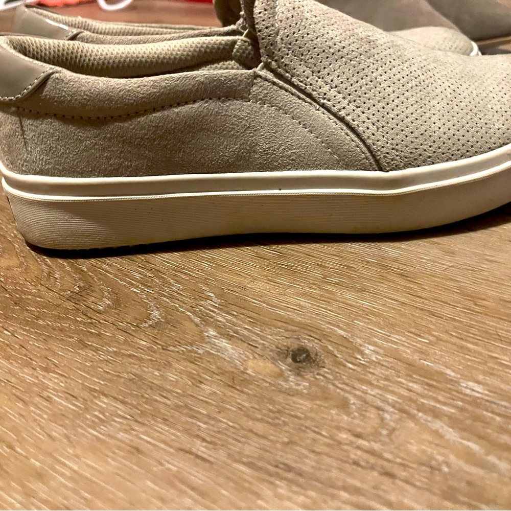 Tan suede slip on Dr Scholl loafers Size 8
